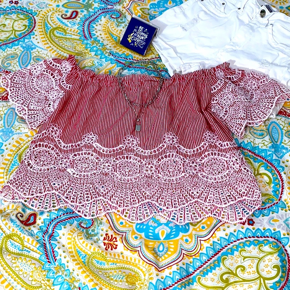 Poof new york red and white off shoulder top